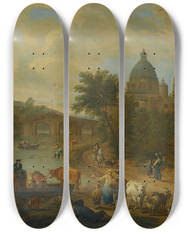 Triptych art skateboard deck of Matthijs Schoevaerdts Rome A Capriccio View Of The Tiber With The Castel Santangelo Peasants With Their Cattle On The River Banks by Matthijs Schoevaerdts (1665-1723)