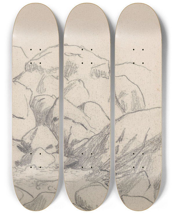 Triptych art skateboard deck of Hans Gude Svaberg_1 by Hans Gude (1825-1903)