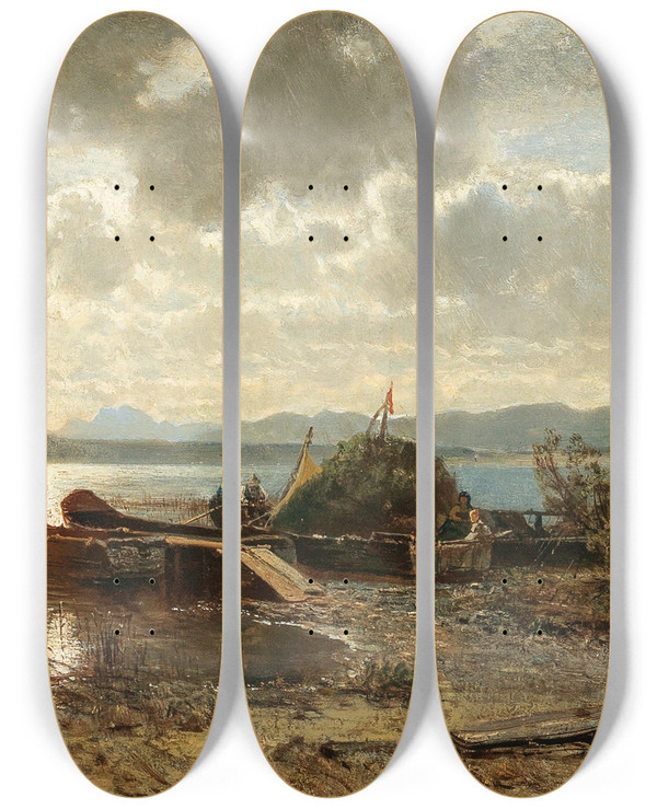 Triptych art skateboard deck of Robert Russ Lake Chiemsee In The Evening by Robert Russ (1847-1922)