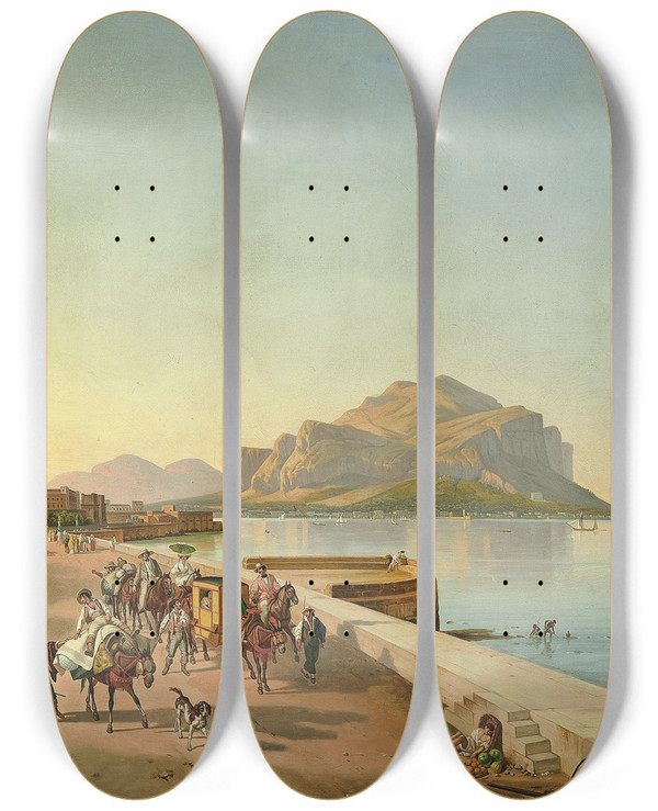 Triptych art skateboard deck of Franz Ludwig Catel Spaziergang In Palermo by Franz Ludwig Catel (1778-1856)