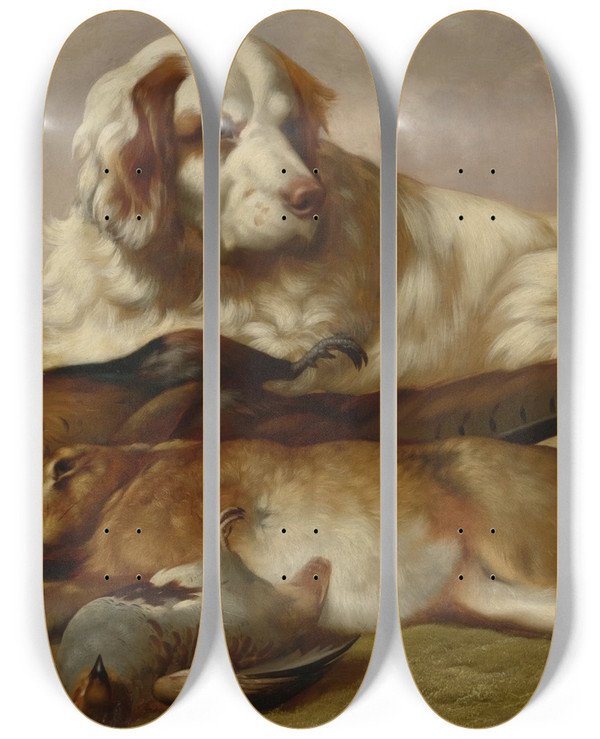 Triptych art skateboard deck of William Gillard Guarding The Bag by William Gillard (1812-1897)