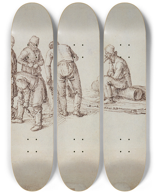Triptych art skateboard deck of Jacob De Gheyn Ii A Group Of Fishermen by Jacob de Gheyn II (1565-1629)