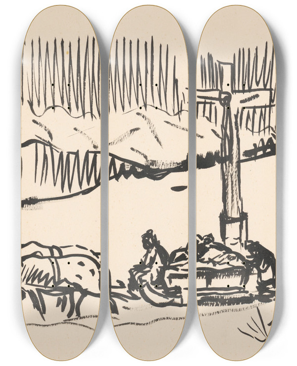 Triptych art skateboard deck of Arnold Peter Weiszkubnan On A Sleigh Arnold by Arnold Peter Weisz-Kubnan (1898-1944)