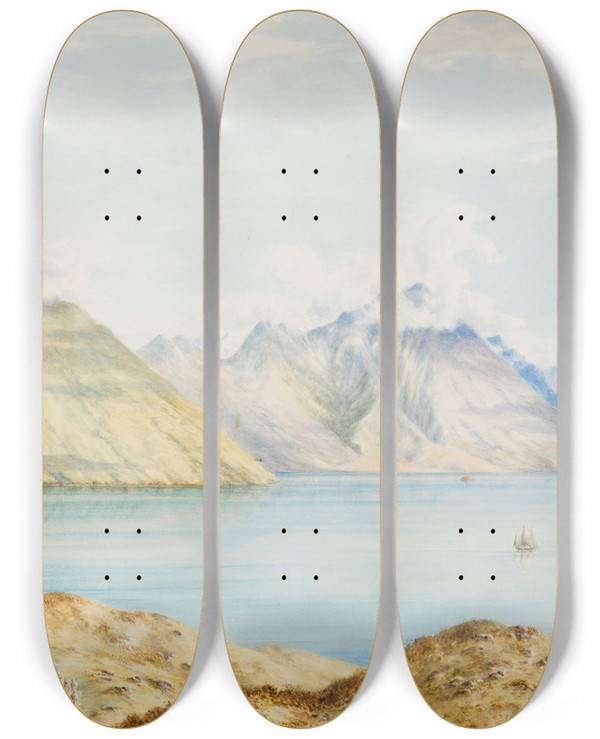 Triptych art skateboard deck of Charles Decimus Barraud A South Island Scene by Charles Decimus Barraud (1822-1897)
