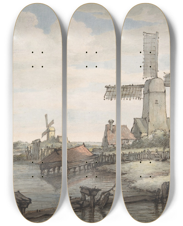 Triptych art skateboard deck of Jan Hulswit View Of A Canal With Three Windmills by Jan Hulswit (1766-1822)