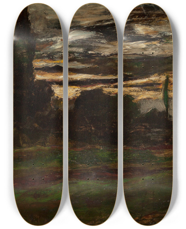 Triptych art skateboard deck of Joseph Frank Currier Nocturnal Landscape by J Frank Currier (1843-1909)