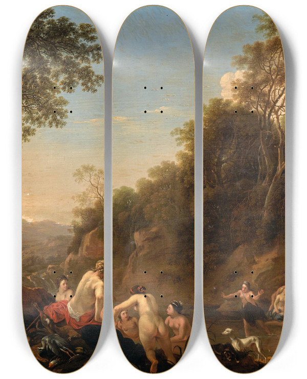 Triptych art skateboard deck of Dirck Van Der Lisse Nymphs In A Landscape_2 by Dirck van der Lisse (1607-1669)