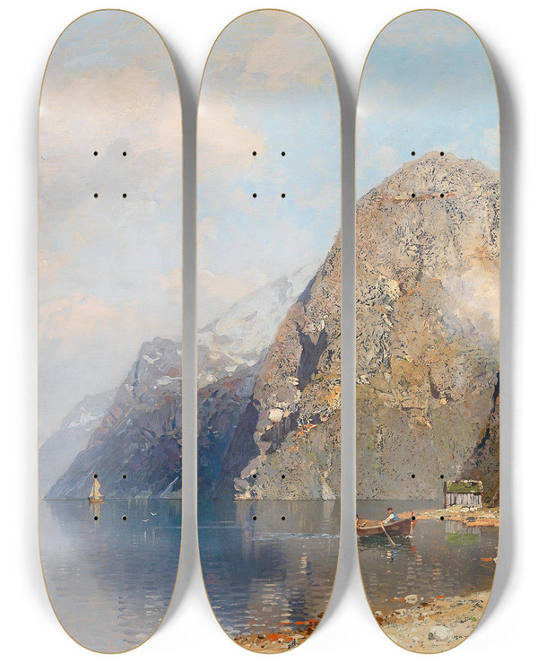 Triptych art skateboard deck of Georg Anton Rasmussen A Fjord Landscape by Georg Anton Rasmussen (1842-1914)