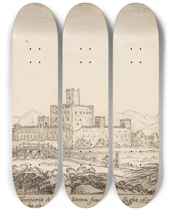 Triptych art skateboard deck of Giovanni Francesco Grimaldi View Of Motrone Castle Before Its Demolition Around 1692 by Giovanni Francesco Grimaldi (1606-1680)