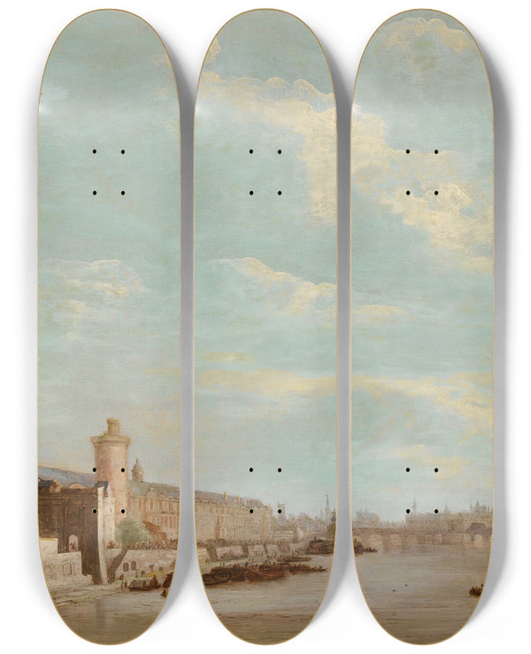 Triptych art skateboard deck of Abraham De Verwer View Of Parisfrom Thepontroyalwith The Grande Galerie Du Louvre The Pontneuf And The Nesle Tower by Abraham de Verwer (1585-1650)