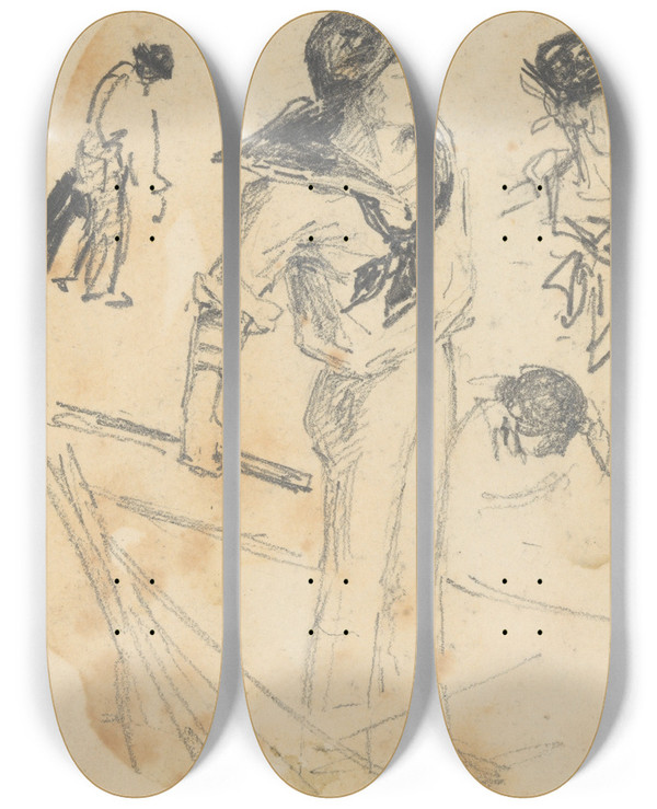 Triptych art skateboard deck of John Singer Sargent Sailors And Reapers by John Singer Sargent (1856-1925)