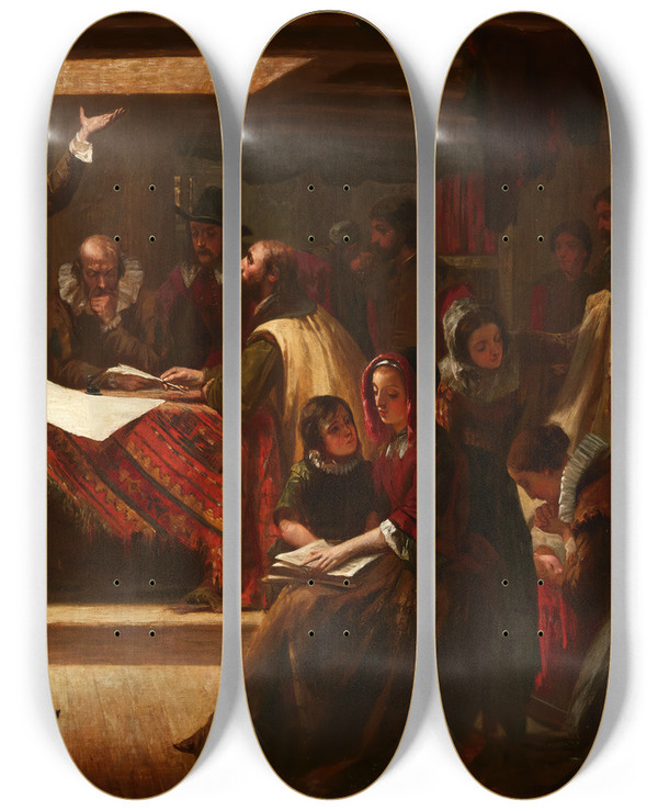 Triptych art skateboard deck of Edwin White The Signing Of The Compact In The Cabin Of The Mayflower by Edwin White (1817-1877)