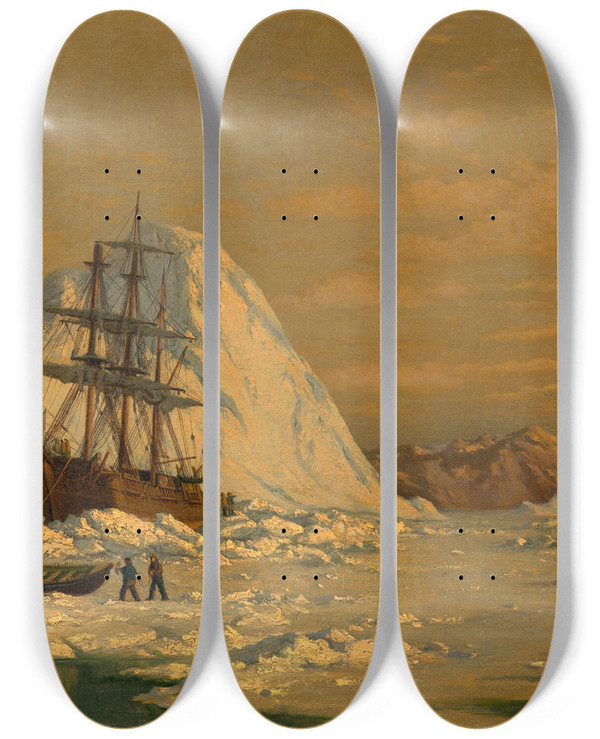 Triptych art skateboard deck of William Bradford An Incident Of Whaling by William Bradford (1823-1892)