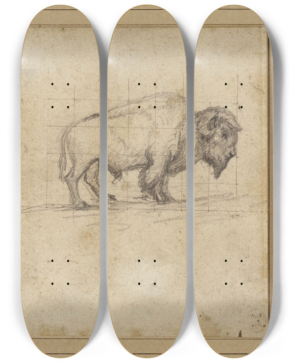 Triptych art skateboard deck of Antoinelouis Barye Etude Dun Tigre Et Dun Bison by Antoine-Louis Barye (1796-1875)