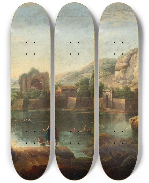 Triptych art skateboard deck of Paolo Anesi A Mountainous River Landscape With Fishing Boats And Anglers Roman Ruins Beyond by Paolo Anesi (1700-1774)