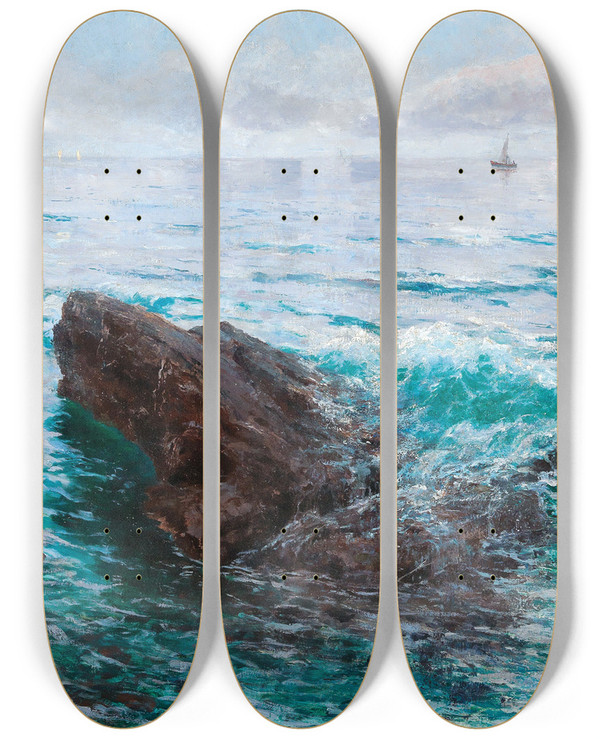 Triptych art skateboard deck of Menci Clement Crni Coastline With Boats by Menci Clement Crncic (1865-1930)