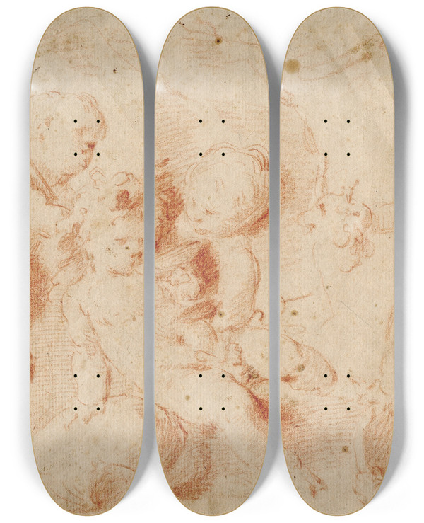 Triptych art skateboard deck of Jacob De Wit Putti In Bacchisch Tafereel by Jacob de Wit (1695-1754)
