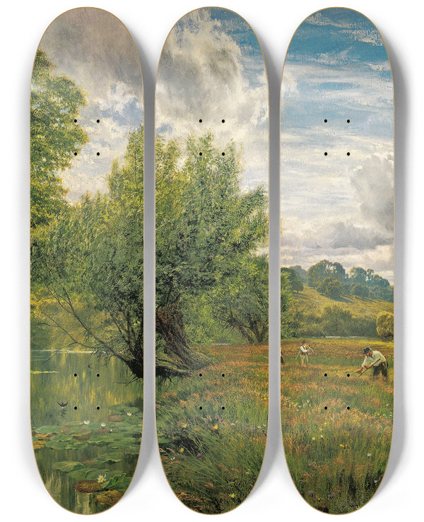 Triptych art skateboard deck of George Vicat Cole Hayfield Near Days Lock Oxon by George Vicat Cole (1833-1893)