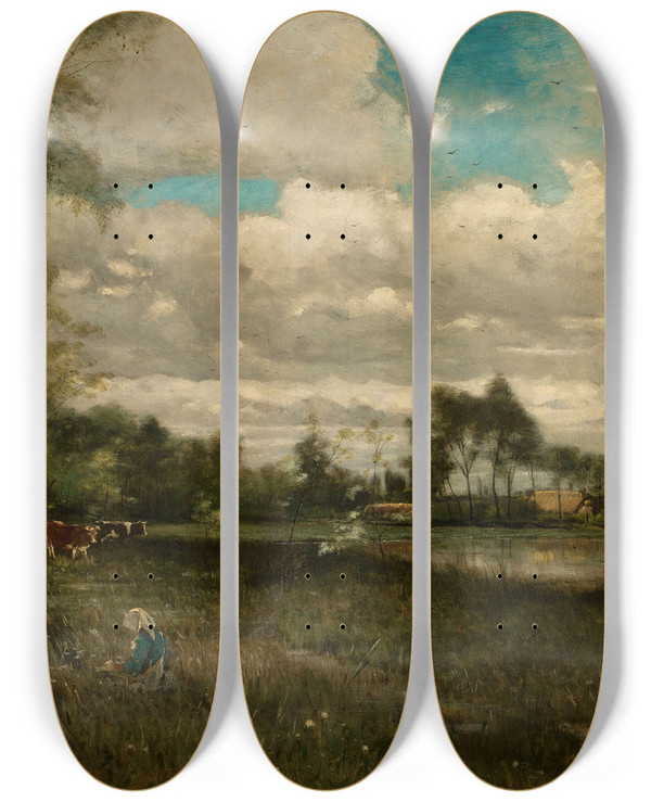 Triptych art skateboard deck of Bela Spanyi Meadow With Grazing Cattle by Bela Spanyi (1852-1914)