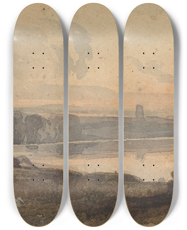 Triptych art skateboard deck of Thomas Sully Landscape With Winding River Figure On Hill In Foreground by Thomas Sully (1783-1872)