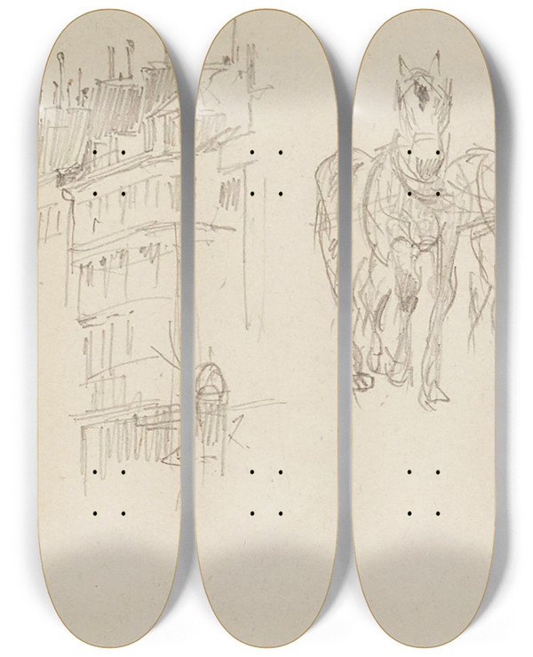 Triptych art skateboard deck of Frdric Houbron Faades Dimmeubles Et Chevaux by Frederic Houbron (1851-1908)