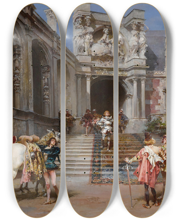 Triptych art skateboard deck of Ludovico Marchetti The Knight Of The Lily by Ludovico Marchetti (1853-1909)