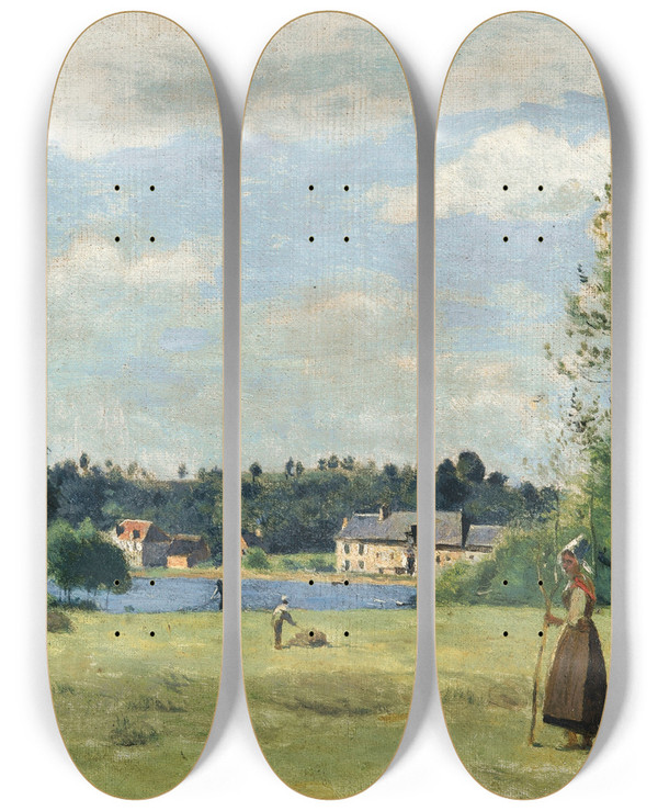 Triptych art skateboard deck of Jeanbaptistecamille Corot Faneuses Ville Davray by Jean-Baptiste-Camille Corot (1796-1875)
