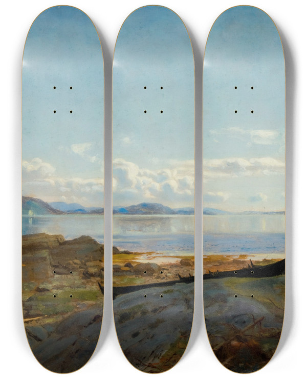 Triptych art skateboard deck of Amaldus Nielsen Approach To Hardanger Lve by Amaldus Nielsen (1838-1932)