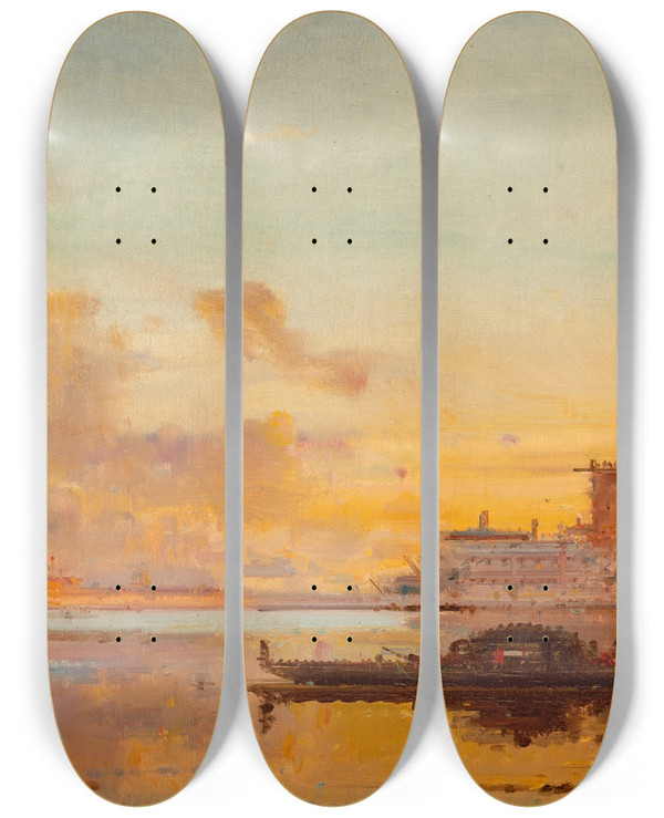 Triptych art skateboard deck of Henri Duvieux A View Of The Doges Palace At Sunset by Henri Duvieux (1855-1882)