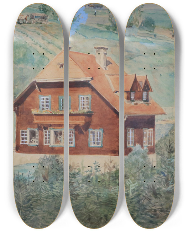 Triptych art skateboard deck of Alexander Pock Haus by Alexander Pock (1871-1950)