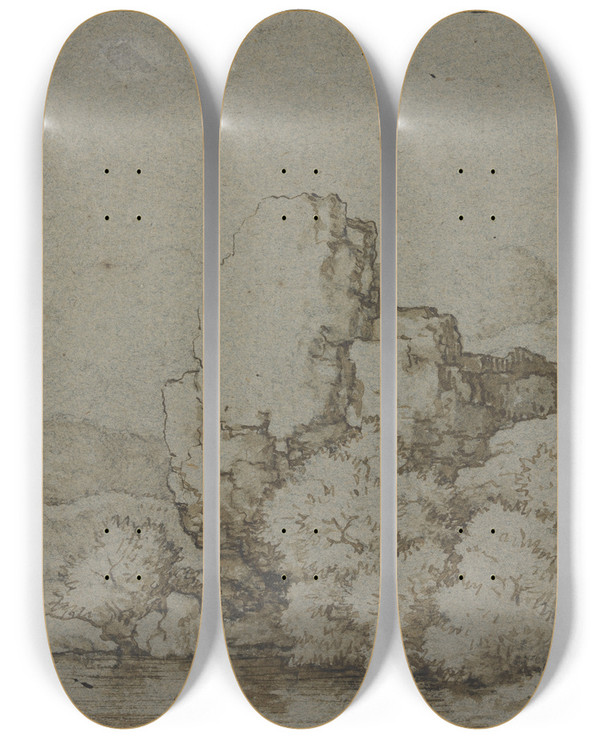 Triptych art skateboard deck of Allaert Van Everdingen Rock Section By The Water by Allaert Van Everdingen (1621-1675)