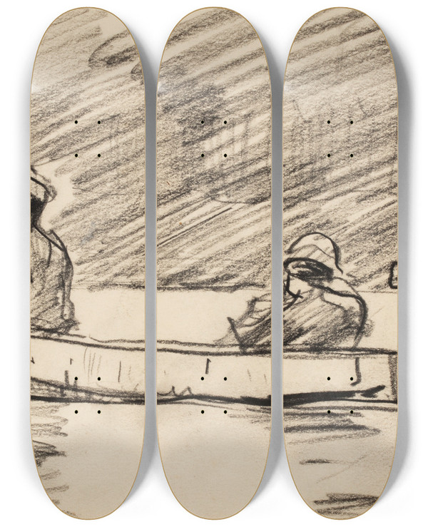 Triptych art skateboard deck of Winslow Homer Canoe With Three Men_2 by Winslow Homer (1836-1910)