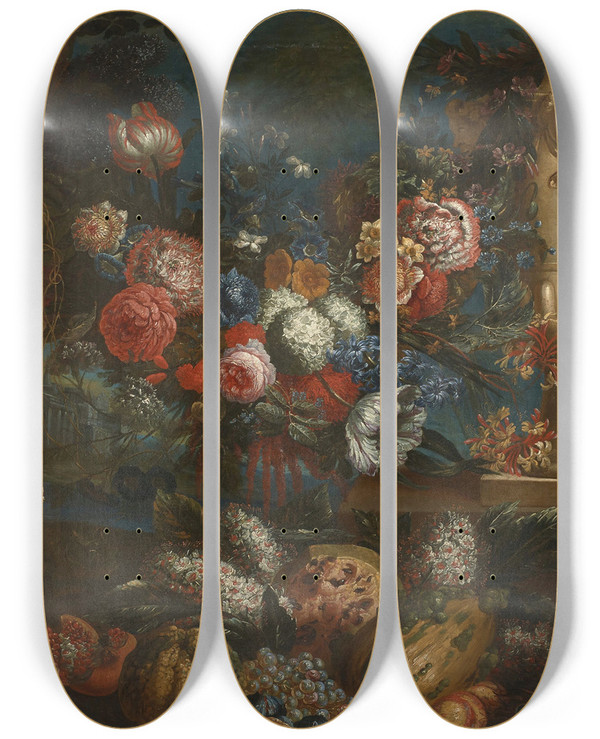 Triptych art skateboard deck of Jan Baptist Bosschaert Nature Morte Aux Fruits Et Fleurs by Jan Baptist Bosschaert (1667-1746)