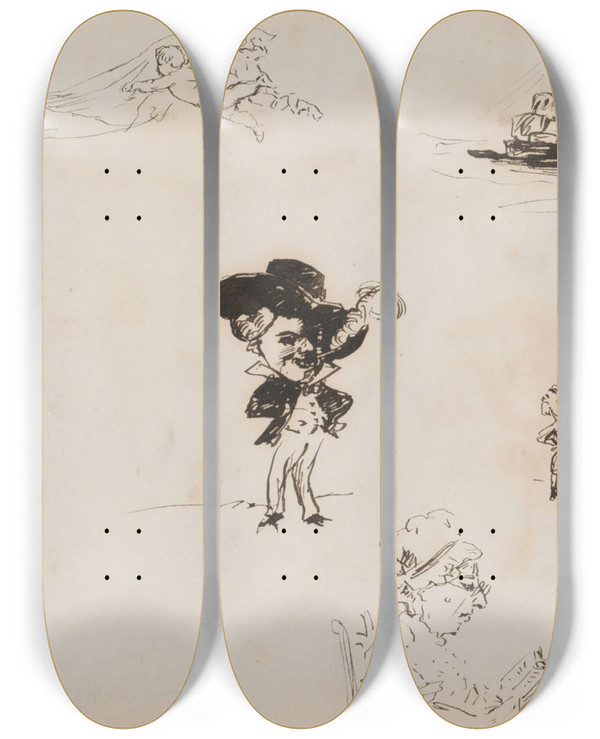 Triptych art skateboard deck of Marius Bauer Studieblad Onder Andere Met Karikaturen_3 by Marius Bauer (1867-1932)