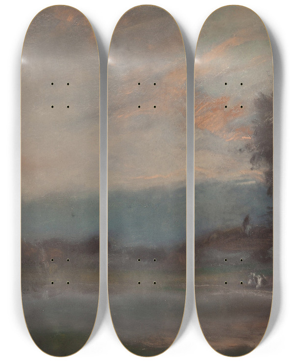 Triptych art skateboard deck of Joseph Frank Currier Dusk Landscape by J Frank Currier (1843-1909)
