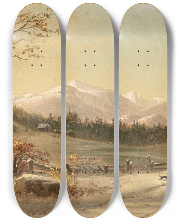 Triptych art skateboard deck of Benjamin Champney White Mountains Winter Scene by Benjamin Champney (1817-1907)