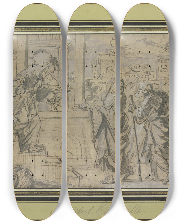 Triptych art skateboard deck of Michel Corneille The Younger The Visitation Of Mary by Michel Corneille The Younger (1642-1708)