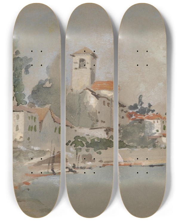 Triptych art skateboard deck of Hercules Brabazon Brabazon A Villa Near The Sea by Hercules Brabazon Brabazon (1821-1906)