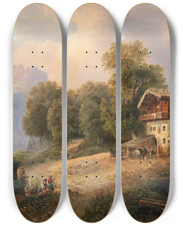 Triptych art skateboard deck of Emil Barbarini Bei Berchtesgaden by Emil Barbarini (1855-1933)