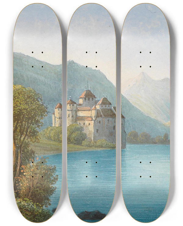 Triptych art skateboard deck of Hubert Sattler Blick Auf Schloss Chillon Am Genfer See_1 by Hubert Sattler (1817-1904)