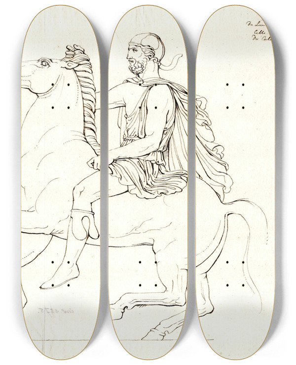 Triptych art skateboard deck of David Humbert De Superville Two Horsemen After The West Frieze Of The Parthenon by David Humbert De Superville (1770-1849)