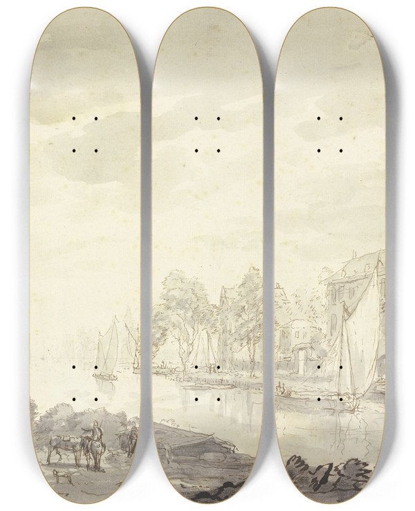 Triptych art skateboard deck of Abraham Rademaker Stadtansicht Am Fluss Vorne Ein Wagen Und Pferde by Abraham Rademaker (1675-1735)