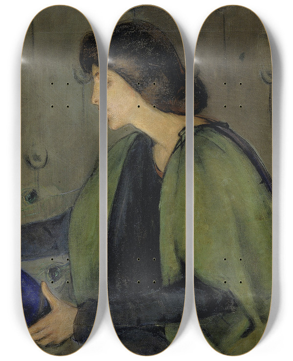 Triptych art skateboard deck of Alice Pike Barney Woman And Peacock by Alice Pike Barney (1857-1931)