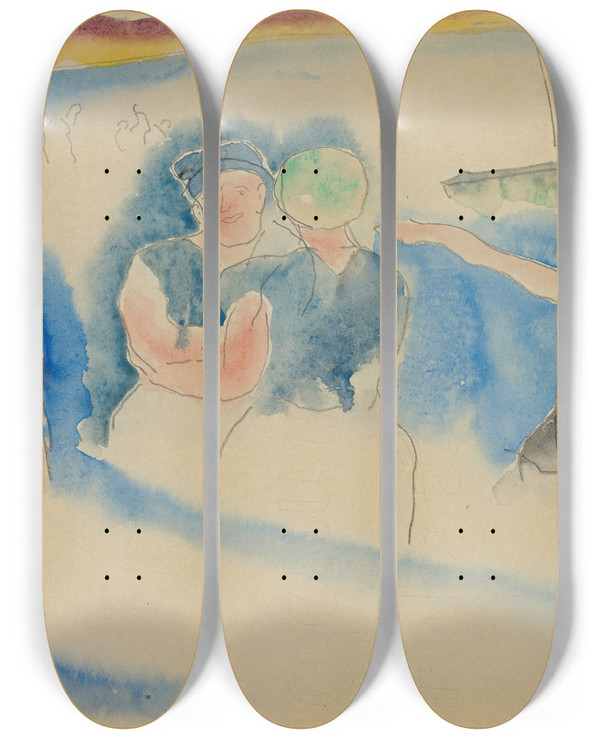 Triptych art skateboard deck of Charles Demuth Bathing Beach by Charles Demuth (1883-1935)