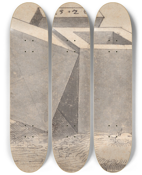 Triptych art skateboard deck of Peter Fltner Perspectival Drawing With Three Cubes by Peter Flotner (1485-1546)