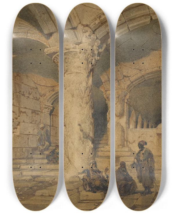 Triptych art skateboard deck of Carl Haag Arab Figures In Avault Withinthe Alaqsa Mosque Jerusalem by Carl Haag (1820-1915)