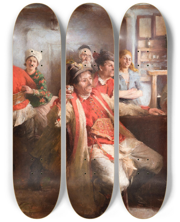 Triptych art skateboard deck of Wodzimierz Tetmajer Courtship by Wlodzimierz Tetmajer (1861-1923)