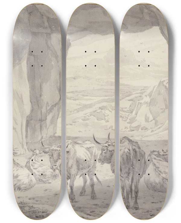 Triptych art skateboard deck of Willem Romeyn Fnf Ochsen Vier Schafe Und Zwei Ziegen Bei Dem Schlafenden Hirten In Einer Hhle by Willem Romeyn (1624-1694)
