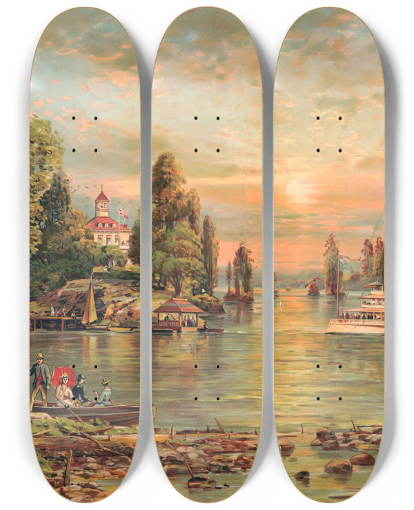 Triptych art skateboard deck of A Melrose A Boatlandingthousand Islands by A. Melrose