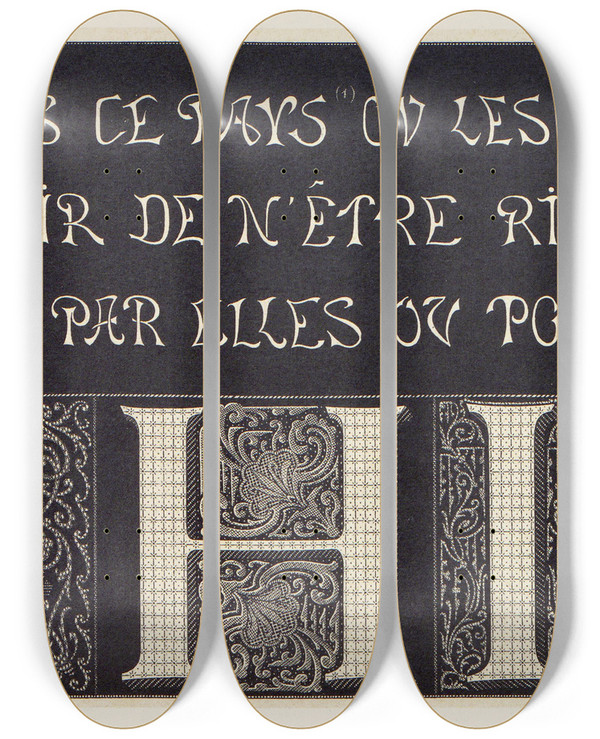 Triptych art skateboard deck of Douard Guichard Les Petits Alphabets Du Brodeur Pl09 by douard Guichard (1815-1889)